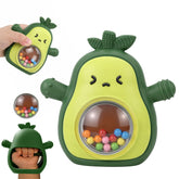 Wovinda avocado teether mitten with textured surfaces for gentle gum relief.