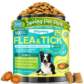 Woyamay 4in1 flea-tick chews bottle showing daily protection and wellness.
