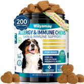 Woyamay dog allergy chews jar front shows packaging for easy use and relief.