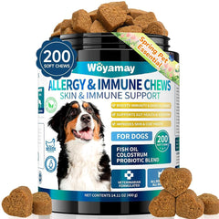 Woyamay dog allergy chews jar front shows packaging for easy use and relief.