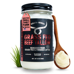 Wrath & Remedy beef tallow bottle front showing rich, versatile fat for high heat cooking