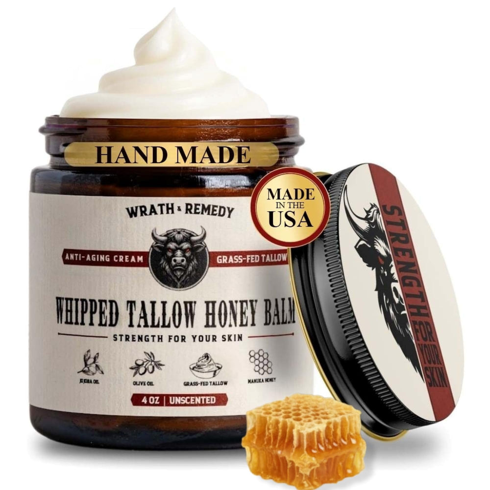 Wrath & Remedy whipped tallow jar close-up showing creamy texture for deep hydration.