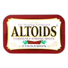 Wrigley's Altoids Cinnamon tin close-up showing bold flavor and compact packaging