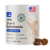 Wuffes 23-in-1 dog multivitamin bottle supports overall health with convenient daily chews.
