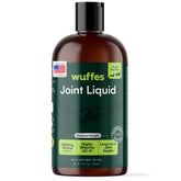 Wuffes Advanced Joint Liquid bottle being poured for easy daily dosing and potential mobility support
