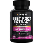 X Gold Health beet root extract bottle with concentrated capsules for daily energy support.