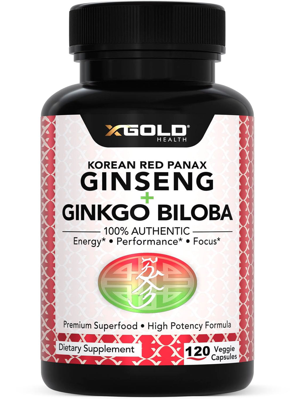 X Gold Health bottle with label highlights Korean Red Panax Ginseng for energy