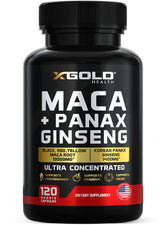 X Gold Health Maca Root + Ginseng bottle with capsules for daily energy.