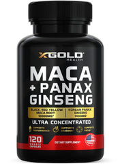 X Gold Health Maca Root + Ginseng bottle with capsules for daily energy.