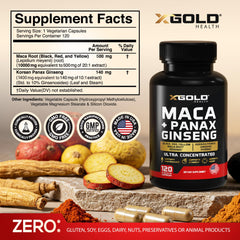 Close-up of X Gold Health Maca-Ginseng capsules showing premium coating.