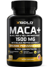 X Gold Health Maca root capsules bottle front shows 1500 mg formula for energy support.