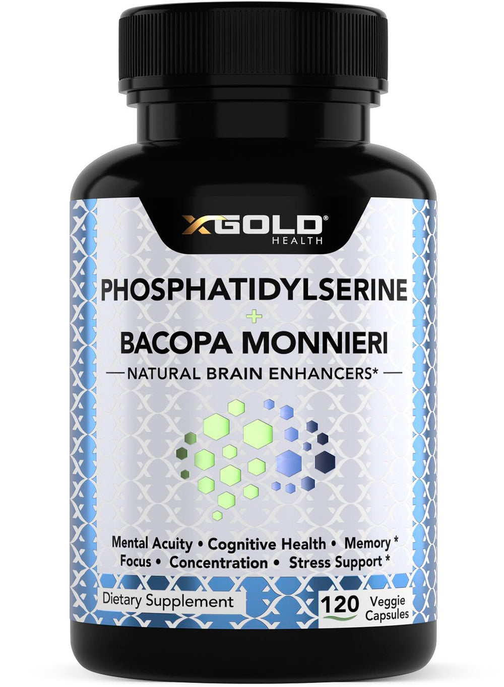X Gold Health Phosphatidylserine & Bacopa bottle shown for daily focus support.