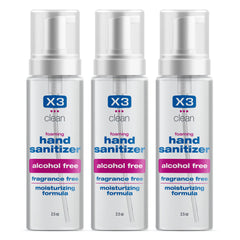 X3 Clean foaming hand sanitizer bottle front, travel-friendly, on-the-go use.