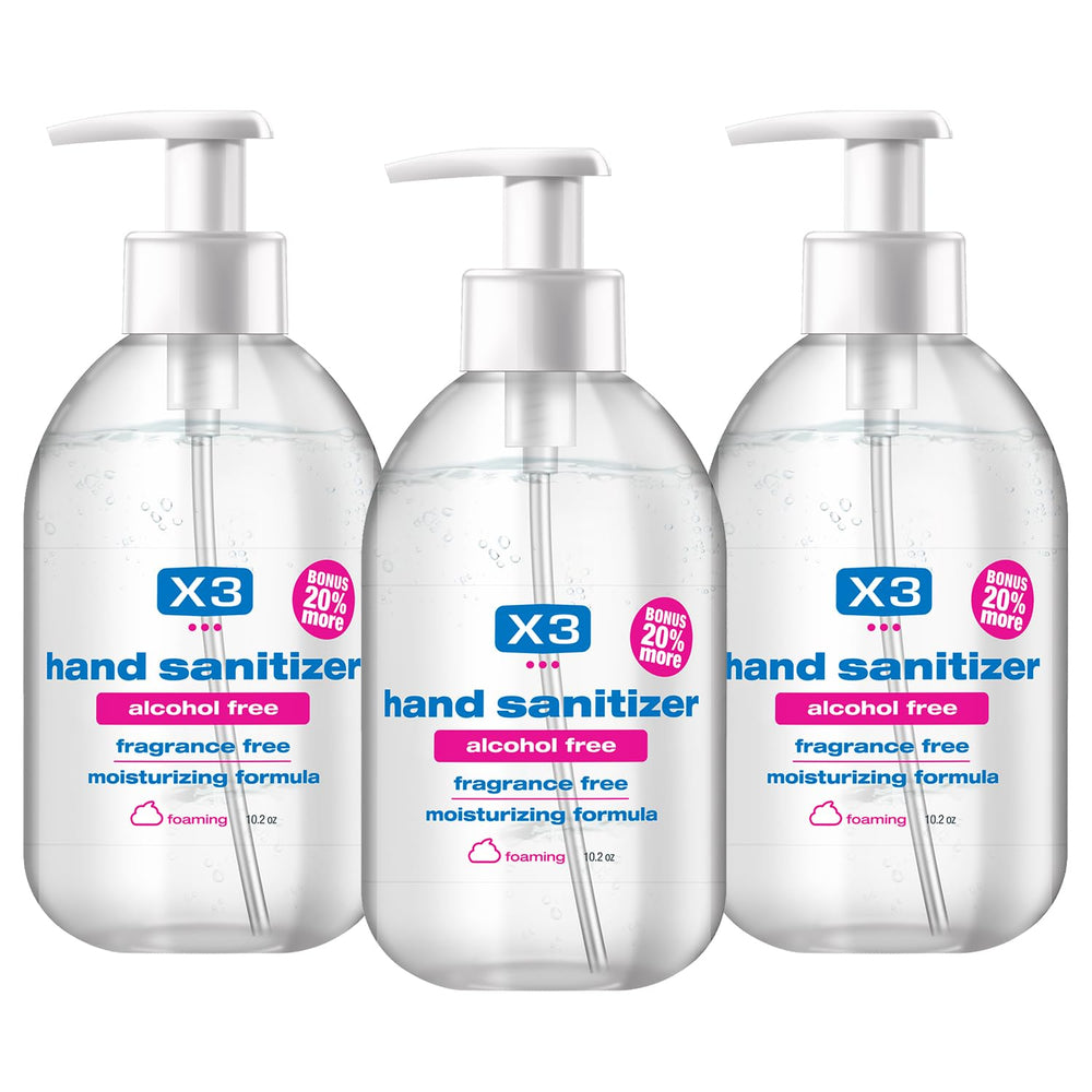 X3 Clean foaming hand sanitizer in a pump bottle offers fragrance-free protection.