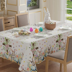 XCHI Bunny Eggs Flowers Cross tablecloth with festive Easter pattern for gatherings.