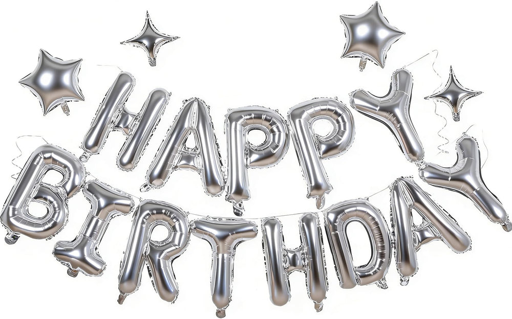 Xiangsushijie silver Happy Birthday banner foil balloon; bright wall backdrop.