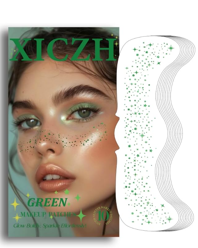 XICZH face glitter patches apply quickly for a bold green sparkle.