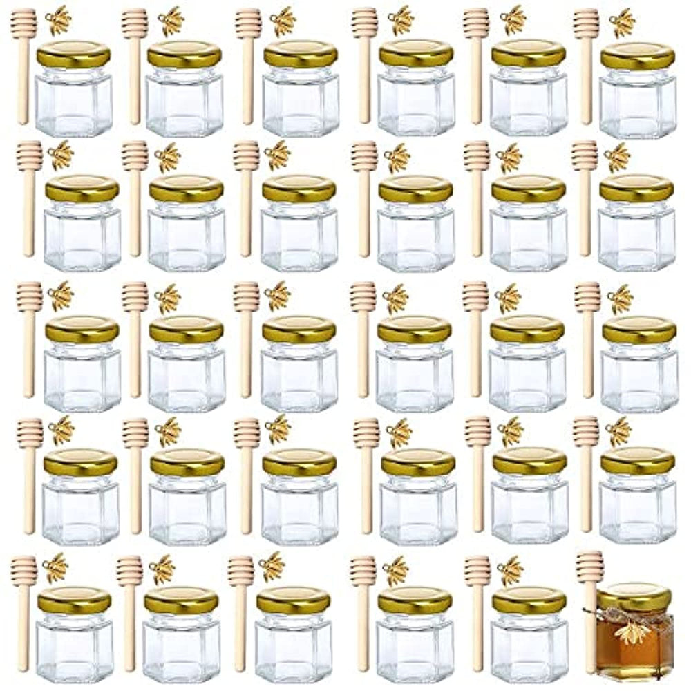 XING-RUIYANG hexagon mini honey jar with wood dipper, ideal for wedding favors
