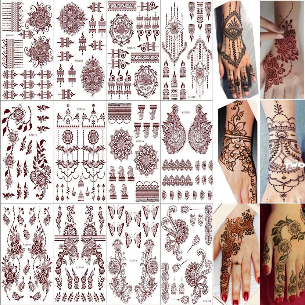 Xmasir henna tattoo sheets displaying 12 designs for quick body art