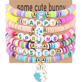 XMITHJLS Easter Bunny bracelets set of seven with vibrant clay beads for colorful styling.