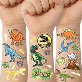 xo Fetti dinosaur tattoo with gold foil T-Rex for bold party flair.