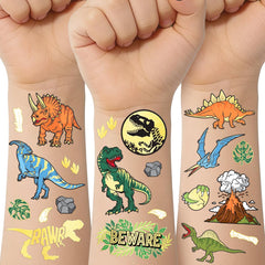 xo Fetti dinosaur tattoo with gold foil T-Rex for bold party flair.