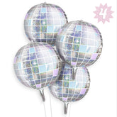 xo, Fetti iridescent disco ball balloons add luxe sparkle to party decor.
