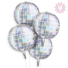 xo, Fetti iridescent disco ball balloons add luxe sparkle to party decor.