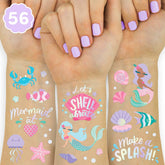 xo, Fetti under the sea mermaid foil tattoo designs applied on skin for a sparkling party look