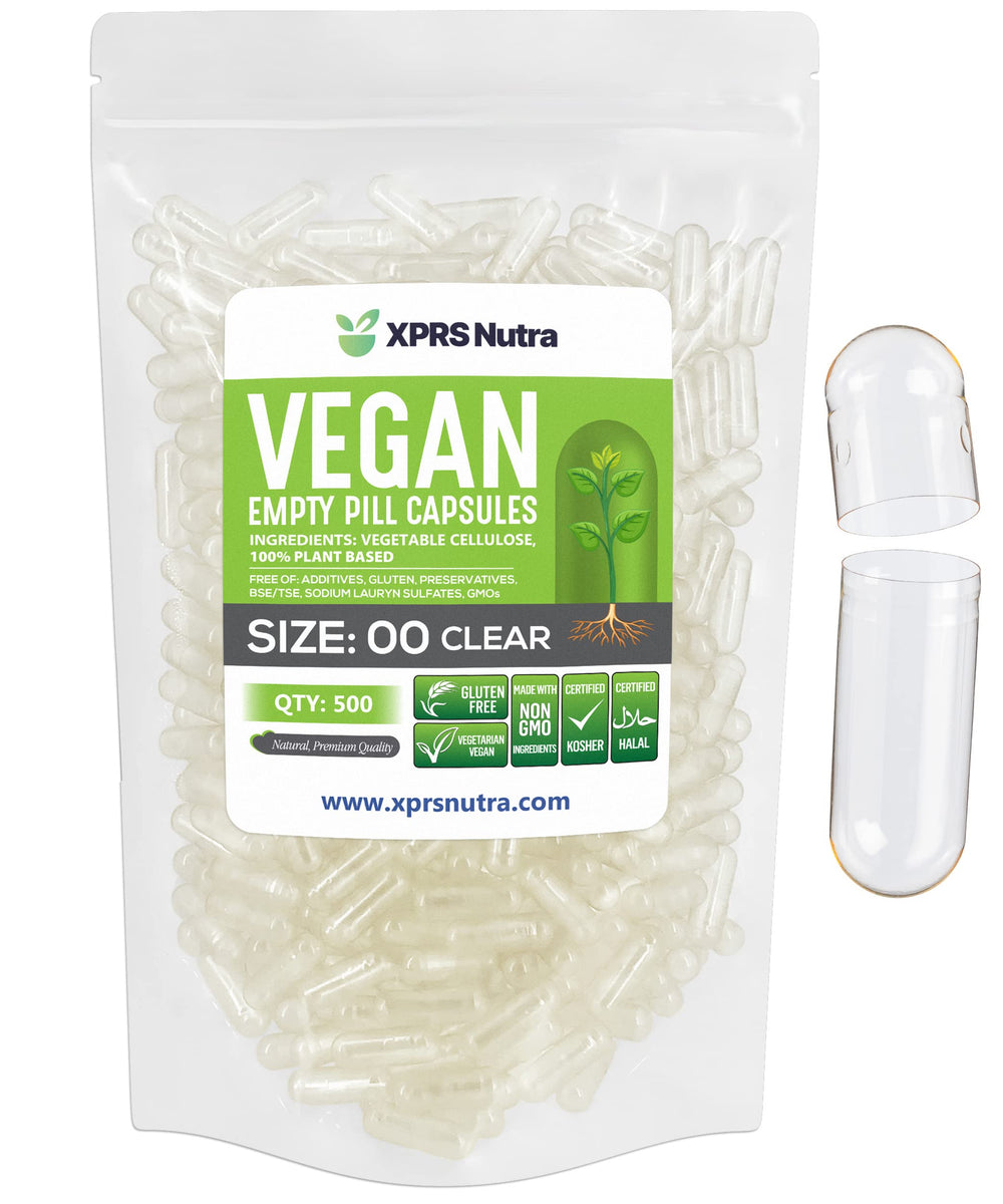 XPRS Nutra Size 00 clear packaging capsules shown for DIY filling with precise dosing