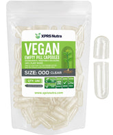 XPRS Nutra vegan size 000 empty capsules with clear shell for precise filling.