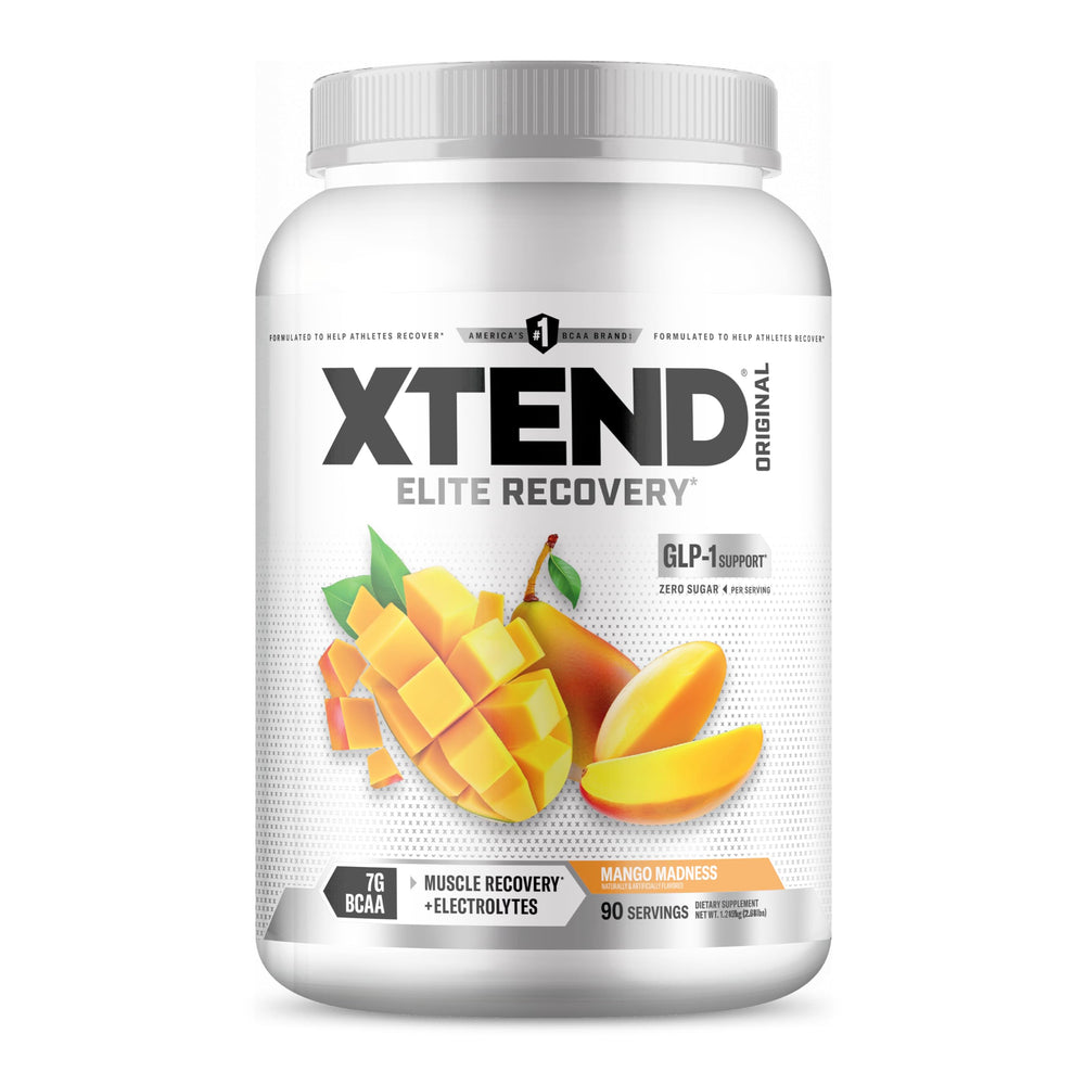 Xtend Mango Madness bottle shows sugar-free hydration and recovery potential.