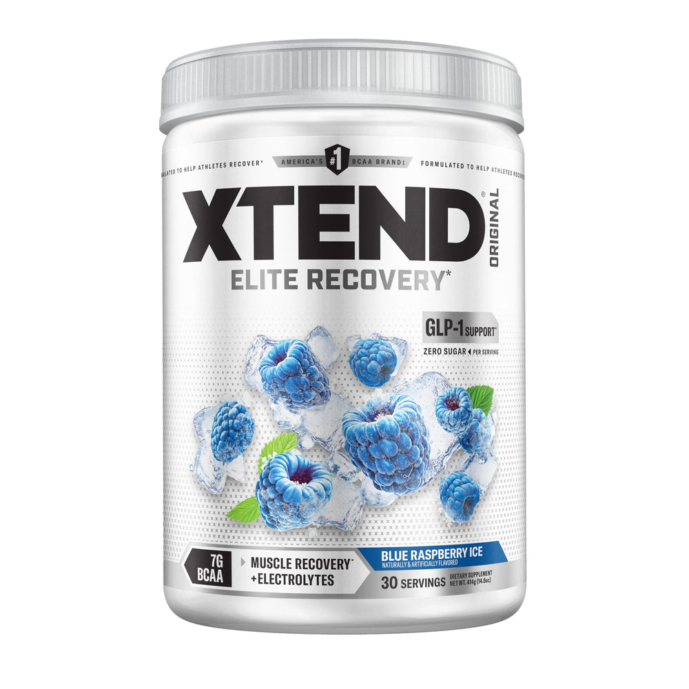 Xtend Original BCAA bottle pour with blue raspberry ice flavor for hydration.