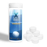 XtremepowerUS XtremeClear 1" chlorine tabs bottle demonstrates slow-dissolving pool sanitizer.