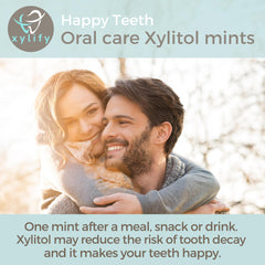 Xylify Happy Teeth mints pack front view highlighting Finnish manufacturing and no added sugar.