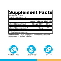 Xymogen K2-D3 5000 bottle back label showing supplement details and dosage guidance