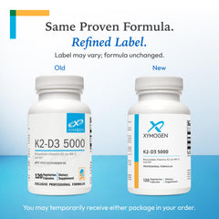 Xymogen K2-D3 5000 label design emphasizing gluten-free and clean-label features