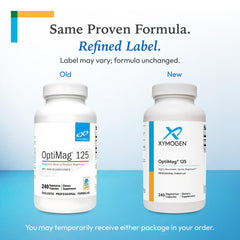 XYMOGEN OptiMag 125 label detail emphasizing gluten- and allergen-conscious purity