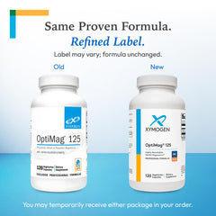 Close view of the OptiMag 125 label showing gluten-free and allergen-free details.