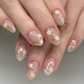 XZMeiLun French Gold Pearl White Flower press-on nails for at-home salon results