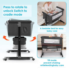 YADAQE Baby Cradle with 360° swivel wheels for easy bedside access and mobility.