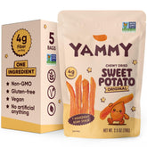 Yammy Dried Sweet Potato Sticks packaging shown for convenient everyday snacking.