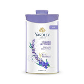 Yardley English Lavender talc packaging showcasing classic design for premium home use.