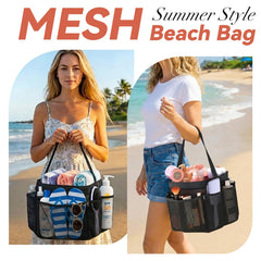 Durable tear-resistant mesh shower bag hanging on a hook