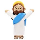 Yelakey 13in Jesus plush with brown robe and blue shawl, comforting decor.