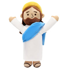 Yelakey 13in Jesus plush with brown robe and blue shawl, comforting decor.