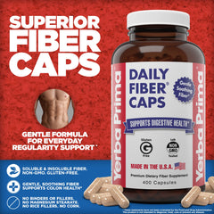 Open bottle of Yerba Prima Daily Fiber Caps showing capsules for easy daily fiber intake.