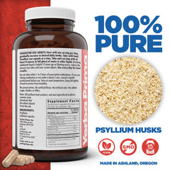 Yerba Prima psyllium husk capsules close-up highlights natural fiber content for regular use.