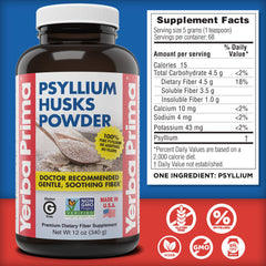 Yerba Prima Psyllium husks powder close-up on label showing purity.