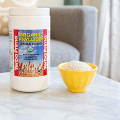 Yerba Prima psyllium packaging shows non-GMO and vegan-friendly notes